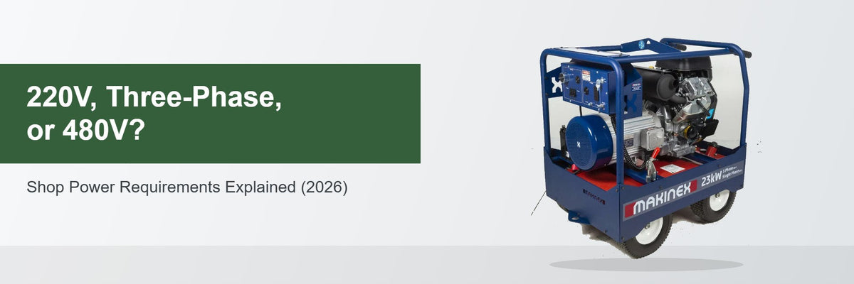 220V, three-phase or 480V — shop power requirements banner
