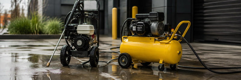 Gas pressure washer and portable air compressor on a wet jobsite
