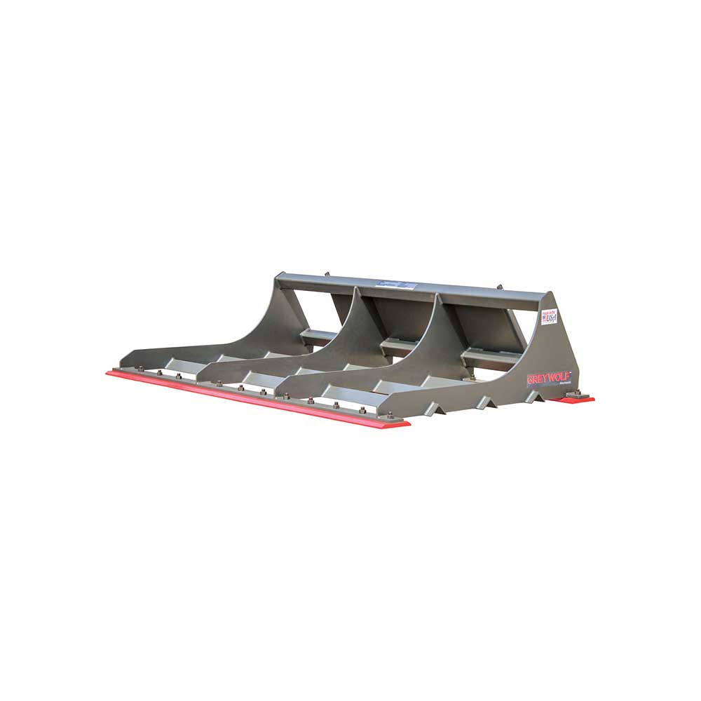GreyWolf land plane skid steer attachment in gray and red powder coat