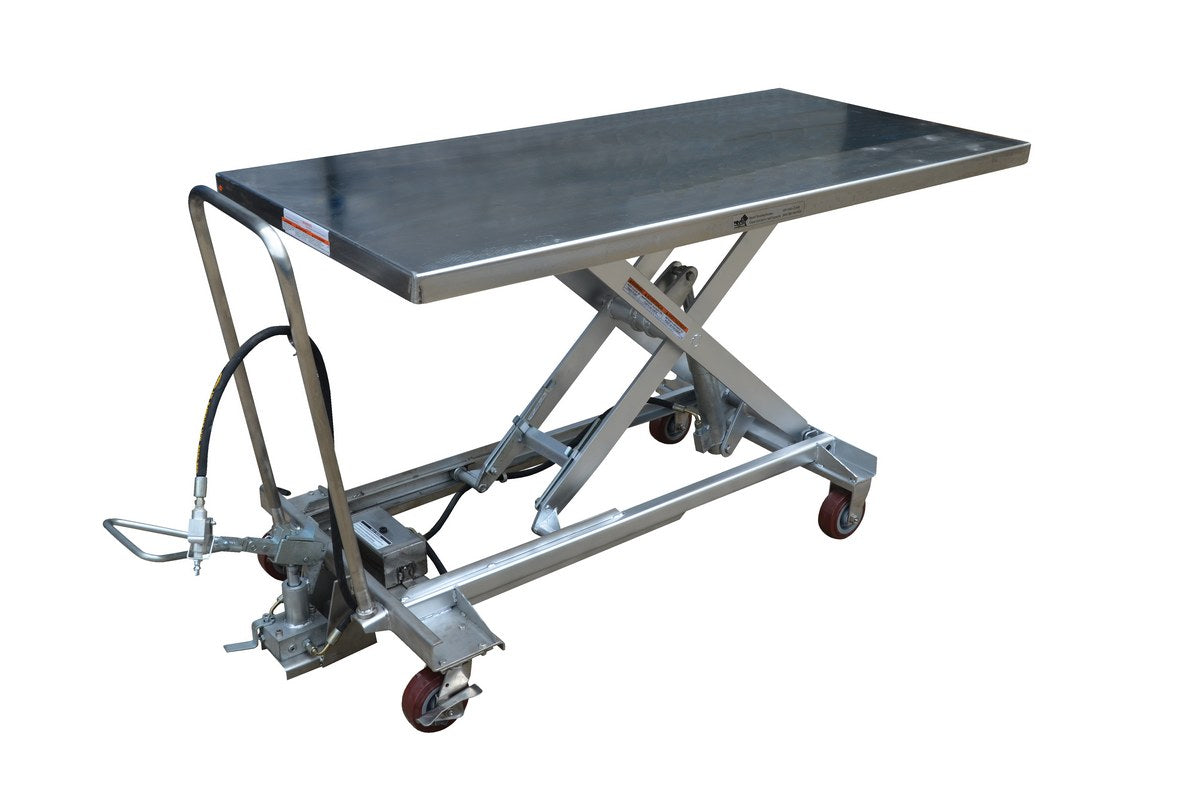 Vestil AIR-1000-LD-PSS partially stainless long deck air hydraulic scissor lift cart, 1,000 lb