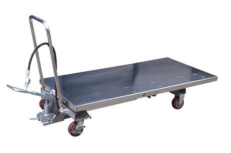 Vestil AIR-1000-LD-PSS long deck air lift cart raised showing scissor mechanism