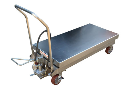 Vestil AIR-1750-PSS air lift cart raised showing scissor mechanism and platform