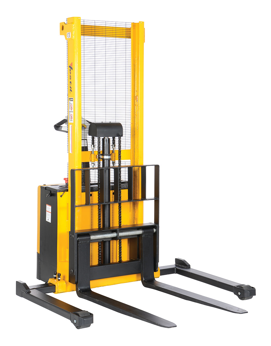 Vestil S-62-AA powered stacker — side view showing mast and adjustable forks